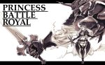  1girl armor braid breasts crown floating gauntlets greaves hair_ornament helmet highres holding holding_sword holding_weapon large_breasts long_hair navel pauldrons princess_battle_royale simple_background skirt smile spirit standing sword thigh-highs tsuyoshi_takaki weapon white_background zettai_ryouiki 