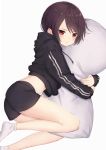  1girl black_hoodie breasts brown_hair hood hoodie object_hug original pillow pillow_hug pout red_eyes short_hair short_socks simple_background small_breasts solo white_background zuima 