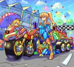  1boy 1other 2girls adapted_costume blue_earrings blue_eyes boots breasts commentary_request confetti crown cup disposable_cup drinking_straw facial_hair gem gloves ground_vehicle hair_ornament hair_scrunchie high_ponytail highres holding holding_cup hunter-class_gunship mario super_mario_bros. mario_kart medium_breasts metroid motor_vehicle motorcycle multiple_girls mustache nintendo oomasa_teikoku orange_footwear orange_gloves parasol princess_peach racetrack samus_aran scrunchie shoulder_pads sidelocks skin_tight solo_focus thigh-highs thigh_boots toad umbrella varia_suit waving white_gloves zero_suit 
