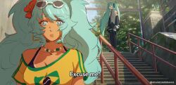  2girls aqua_eyes aqua_hair bead_necklace beads bikini bikini_under_clothes black_sleeves brazilian_flag_print brazilian_miku brazilian_twitter_ban commentary dark-skinned_female dark_skin detached_sleeves english_commentary english_text eyewear_on_head flower grey_shirt hair_flower hair_ornament hatsune_miku jewelry kimi_no_na_wa. kitkaloid long_hair multiple_girls necklace off-shoulder_shirt off_shoulder railing red_flower scene_reference shirt short_sleeves sleeveless sleeveless_shirt stairs subtitled sunglasses swimsuit tan tanline_peek twintails very_long_hair vocaloid white-framed_eyewear yellow_shirt 
