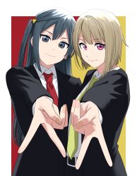  2girls absurdres belt black_belt black_hair black_jacket black_pants black_suit bob_cut border closed_mouth collared_shirt commentary_request formal grey_eyes grey_hair gyaru_v head_tilt highres jacket long_hair long_sleeves looking_at_viewer love_live! love_live!_nijigasaki_high_school_idol_club multiple_girls nakasu_kasumi necktie one_side_up pants red_background red_necktie s_sho_mkrn shirt short_hair split_theme suit swept_bangs v violet_eyes white_border white_shirt yellow_background yuki_setsuna 
