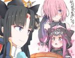 +_+ 3girls animal_ears animal_hood bangs black_capelet black_gloves black_hair black_leotard blush capelet closed_mouth commentary_request elbow_gloves eyebrows_visible_through_hair fake_animal_ears fate/grand_order fate_(series) gloves gomennasai grey_eyes hair_over_one_eye hand_in_hair hand_up heart hood hood_up hooded_capelet leotard long_hair mash_kyrielight medusa_(lancer)_(fate) multiple_girls open_mouth parted_bangs pink_hair purple_hair rider short_hair sidelocks smile sparkle thick_eyebrows translated ushiwakamaru_(fate/grand_order) violet_eyes 