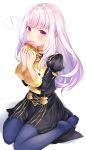 ! 1girl albino bangs black_skirt blue_legwear blush commentary_request doughnut eating eyebrows_visible_through_hair fire_emblem fire_emblem:_three_houses food full_body garreg_mach_monastery_uniform highres holding holding_food juliet_sleeves long_hair long_sleeves looking_at_viewer lysithea_von_ordelia pantyhose pink_eyes puffy_sleeves ringozaka_mariko school_uniform sidelocks simple_background sitting skirt solo speech_bubble spoken_exclamation_mark wariza white_background white_hair wrapper