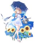  1girl ;) = alternate_costume azur_lane beach bird blonde_hair blurry blurry_background breasts cannon carabiniere_(azur_lane) curly_hair flower full_body headband kaede_(003591163) manjuu_(azur_lane) official_art purple_eyes seagull short_hair standing sunflower transparent_background turret umbrella 