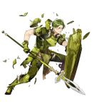  1boy armor armored_boots boots fire_emblem fire_emblem_echoes:_shadows_of_valentia fire_emblem_heroes forsyth_(fire_emblem) full_body gloves green_eyes green_hair highres injury official_art one_eye_closed polearm scar shield solo spear teeth torn_clothes transparent_background weapon 