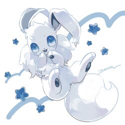  alternate_color blue_eyes blush eevee full_body highres merino_(merino_9999) no_humans open_mouth pokemon pokemon_(creature) shiny_pokemon smile solo star_(symbol) tail white_fur 