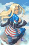  1girl absurdres american_flag artist_logo ass black_footwear black_gloves blonde_hair blue_eyes blue_legwear bodysuit boots breasts bustier chuck_pires clenched_hands commentary elbow_gloves english_commentary flag_print flying from_behind gloves highres knee_boots large_breasts leg_up lips long_hair mount_olympus_comics nose patriotika sideboob skin_tight solo superhero thighhighs_under_boots 