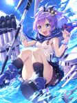  1girl anchor azur_lane blue_eyes blue_sky bow bracelet chain clouds commentary_request crown eyebrows_visible_through_hair gloves hair_bow hair_ornament holding holding_spear holding_weapon javelin_(azur_lane) jewelry mini_crown open_mouth pleated_skirt polearm ponytail purple_hair rigging shoes single_glove sitting skirt sky smile socks solo spear tomoyohi torpedo turret water weapon 