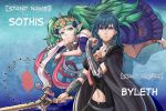  2girls anklet artist_name barefoot black_cape blue_eyes blue_hair braid byleth_(fire_emblem) byleth_eisner_(female) cape character_name closed_mouth evomanaphy fire_emblem fire_emblem:_three_houses green_eyes green_hair hair_ornament highres holding holding_sword holding_weapon jewelry jojo_no_kimyou_na_bouken long_hair medium_hair multiple_girls navel pointy_ears smile sothis_(fire_emblem) sword tiara twin_braids weapon 