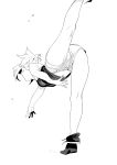  1girl boots breasts facing_away greyscale henken highres leg_up monochrome original shirt short_shorts shorts simple_background solo standing standing_on_one_leg white_background 