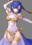  +5cm 1girl :o absurdres arm_up armpits bangs blue_eyes blue_hair breastplate breasts catria_(fire_emblem) covered_navel cowboy_shot dress elbow_gloves eyebrows_visible_through_hair faulds fire_emblem fire_emblem_heroes gloves grey_background head_tilt highres holding holding_sword holding_weapon looking_at_viewer medium_breasts open_mouth outstretched_arm parted_bangs pauldrons pelvic_curtain short_hair shoulder_armor simple_background solo sword thigh-highs thighs waist_cape weapon white_dress white_gloves white_legwear 
