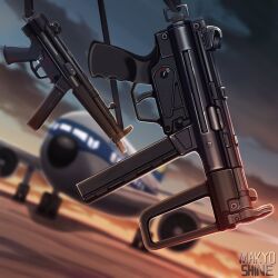  aircraft airfield airplane artist_name gun gun_sling h&amp;k_mp5 h&amp;k_mp5k highres makiyo_shine no_humans original submachine_gun sunset weapon weapon_focus 