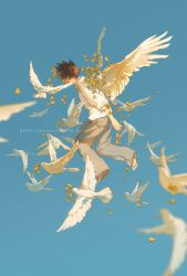  1boy barefoot bird blue_sky brown_hair day feathered_wings flying grey_pants highres male_focus midair original outdoors pants rido_(ridograph) short_hair sky solo sweater toes white_sweater white_wings wings 