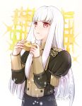  1girl closed_mouth eating fire_emblem fire_emblem:_three_houses food food_on_face garreg_mach_monastery_uniform hani0610 highres holding holding_food long_hair long_sleeves lysithea_von_ordelia pink_eyes solo twitter_username uniform upper_body white_hair 