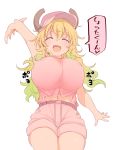  1girl arm_up baseball_cap blonde_hair blush breasts closed_eyes cool-kyou_shinja covered_nipples cowboy_shot dragon_girl dragon_horns futabasha gradient_hair green_hair hat highres horns huge_breasts kobayashi-san_chi_no_maidragon kyoto_animation long_hair moe multicolored_hair navel open_hands open_mouth personification pink_headwear quetzalcoatl quetzalcoatl_(maidragon) simple_background smile solo speech_bubble stomach tank_top translated wavy_hair white_background 