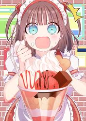  /\/\/\ 1girl absurdres apron blue_eyes blush bow brick_wall brown_hair commentary_request cream cream_on_face fang food food_on_face frilled_apron frilled_skirt frills hair_bow hands_up heart highres holding open_mouth parfait pastry_bag puffy_short_sleeves puffy_sleeves red_bow red_skirt short_sleeves skirt sofra solo sweat two_side_up v-shaped_eyebrows waist_apron white_apron 