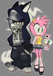  1boy 1girl absurdres amy_rose animal_ears animal_nose baggy_pants baseball_cap black_footwear black_fur black_gloves bow bracelet cellphone_charm charm_(object) denim denim_skirt eyepatch flats furry furry_female furry_male glasses gloves gold_bracelet green_eyes hair_bow hairband hat hedgehog_girl highres holding holding_hands holding_phone hood hoodie infinite_(sonic) jackal_boy jackal_ears jackal_tail jeans jewelry kneehighs kosherea long_eyelashes looking_at_phone mary_janes pants phone pink_fur pink_hair scarf scarf_over_mouth shirt shoes short_tail simple_background skirt smile sneakers socks sonic_(series) sonic_forces standing sweat tail two-tone_fur white_footwear white_gloves white_hair white_socks yellow_eyes yellow_shirt 