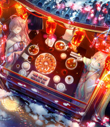  4girls architecture bowl cape china chinese_clothes chinese_food chinese_text chopsticks deng_shiyumi dumpling east_asian_architecture food from_above fur-trimmed_cape fur_trim green_eyes hair_rings hanfu heterochromia highres jiaozi kuih lantern multiple_girls original pankou perspective pink_hair rice server sitting snow soy_sauce teapot violet_eyes winter 