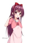  1girl alternate_costume bangs blush bow brown_eyes collarbone dress eyebrows_visible_through_hair frilled_shirt frills hair_bow hairband hand_in_hair hand_up hoshino_kagari kamikaze_(kantai_collection) kantai_collection long_hair looking_at_viewer parted_lips pink_dress pink_shirt puffy_short_sleeves puffy_sleeves purple_hair red_bow red_hairband shirt short_sleeves simple_background solo twitter_username very_long_hair white_background 