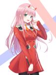  1girl bangs breasts commentary_request darling_in_the_franxx enpik eyebrows_visible_through_hair green_eyes hairband highres horns long_hair long_sleeves looking_at_viewer medium_breasts pink_hair red_horns solo white_hairband zero_two_(darling_in_the_franxx) 