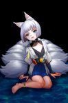  1girl :d absurdres animal_ear_fluff animal_ears ankle_strap arms_at_sides azur_lane bangs barefoot bell blue_eyes blunt_bangs bridal_gauntlets child extra_ears eyeliner eyeshadow fossil2000 fox_ears fox_girl fox_tail hakama_skirt highres japanese_clothes jingle_bell kaga_(azur_lane) kimono looking_at_viewer makeup multiple_tails open_mouth pleated_skirt short_hair sitting skirt smile solo tail white_hair yokozuwari younger 