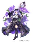  1girl belt black_dress black_footwear boots braid breasts closed_mouth corset dress flower flower_knight_girl full_body halloween highres holding holding_staff large_breasts long_hair looking_at_viewer magic mg_kurino object_namesake official_art purple_hair simple_background smile solo staff standing streptocarpus_(flower_knight_girl) thigh-highs thigh_boots twin_braids veil violet_eyes white_background zettai_ryouiki 