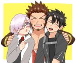  2boys beard blush brown_hair chest facial_hair fate/grand_order fate_(series) fujimaru_ritsuka_(male) glasses hair_over_one_eye hand_on_another&#039;s_shoulder long_sleeves looking_at_viewer male_focus mash_kyrielight multiple_boys muscle napoleon_bonaparte_(fate/grand_order) open_mouth pectorals purple_hair scar shitappa short_hair simple_background smile teeth upper_body 