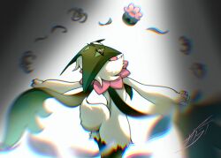  1other animal_nose arms_up artist_name ass body_fur chromatic_aberration commentary cowboy_shot floating floating_object flower flower_trick_(pokemon) from_behind green_fur green_hair half-closed_eyes head_back looking_at_viewer looking_back meowscarada other_focus outstretched_arms pink_flower pokemon pokemon_(creature) pokemon_move red_eyes sakura_arashi short_hair short_tail signature simple_background solo spotlight spread_arms standing tail two-tone_fur white_background 