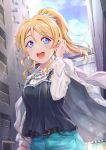  1girl artist_name ayase_eli bangs birthday blonde_hair blue_eyes blue_scrunchie breasts building city clouds cloudy_sky commentary_request dated eyebrows_visible_through_hair highres jacket_on_shoulders jewelry long_hair long_sleeves love_live! love_live!_school_idol_project medium_breasts morning necklace ponytail round_teeth scrunchie shamakho shiny shiny_hair sky solo teeth 