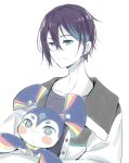  +_+ 1boy :3 black_shirt blue_eyes blue_hair blush_stickers closed_mouth collarbone copyright_request jacket looking_at_viewer looking_away male_focus meito_(maze) multicolored_hair open_clothes open_jacket purple_hair shirt simple_background solo streaked_hair white_background white_jacket 