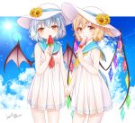  2girls alternate_costume alternate_headwear bare_arms bat_wings blonde_hair blue_sailor_collar blue_sky clouds commentary_request condensation_trail cute dated day dress eating eyebrows_visible_through_hair flandre_scarlet flower food food_in_mouth hair_between_eyes haruki_(colorful_macaron) hat hat_flower head_tilt holding holding_food holding_hands lens_flare light_blue_hair looking_at_viewer multiple_girls neckerchief outdoors partial_commentary popsicle red_eyes red_neckwear remilia_scarlet sailor_collar short_dress short_hair siblings side_ponytail signature sisters sky standing summer sun_hat sundress sunflower team_shanghai_alice touhou vampire watermelon_bar wings yellow_neckwear 
