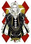  1boy alucard_(castlevania) black_cape black_gloves cape castlevania chain charatei closed_mouth flower gears gloves holding holding_sword holding_weapon long_hair male_focus plant rose solo sword thorns vampire vines weapon white_flower white_hair white_rose 