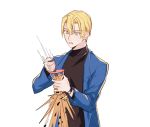  1boy alternate_costume blonde_hair blue_eyes bubble_tea contemporary dimitri_alexandre_blaiddyd drinking_straw fire_emblem fire_emblem:_three_houses guiyuy jacket long_sleeves short_hair simple_background solo spilling turtleneck watch watch white_background 
