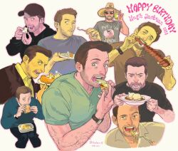  1boy 2024 animification arm_hair baseball_cap beard black_shirt brown_hair commentary_request cup dated drink eating facial_hair food fork formal fruit green_eyes happy_birthday hat highres holding holding_cup holding_food holding_plate hugh_jackman long_sleeves looking_at_another looking_at_viewer male_focus meat no.6_(numberr_6) open_mouth pasta plate real_life shirt short_hair short_sleeves spaghetti teeth twitter_username vegetable watch watch 
