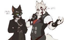  2boys absurdres animal_ears ascot black_coat black_gloves cat_boy cat_ears cat_tail character_name coat english_commentary eyepatch fingerless_gloves furry furry_male gloves green_eyes grey_pants grey_vest hand_on_own_chest highres lackadaisy looking_to_the_side male_focus mordecai_heller multiple_boys murizy_(nk54069) one_eye_covered pants red_ascot red_eyes round_eyewear shirt tail vest von_lycaon white_background white_shirt wolf_boy wolf_ears wolf_tail zenless_zone_zero 