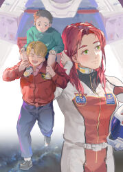  1girl 2boys absurdres alfred_izuruha bernard_wiseman black_eyes blonde_hair brown_hair carrying child christina_mackenzie earth_federation_space_forces emblem green_eyes gundam gundam_0080 gundam_alex hand_in_own_hair highres jacket laughing long_hair machinery mecha mobile_suit multiple_boys piggyback pilot_suit redhead robot short_hair 