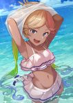  1girl :d armpits arms_up bangs bikini bikini_skirt blonde_hair blue_hair blue_sky blush breasts clouds collarbone commentary_request dark_skin day eyebrows_visible_through_hair flower gradient_hair granblue_fantasy green_hair groin hinami_(hinatamizu) io_euclase long_hair looking_at_viewer multicolored_hair navel ocean open_mouth outdoors parted_bangs revision shirt skirt sky small_breasts smile solo stomach swimsuit twintails undressing water wet white_bikini white_shirt white_skirt 