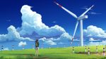  1girl backpack bag black_hair blue_sky clouds cloudy_sky gan-viking grass highres hood hoodie original outdoors ponytail scenery shorts sky solo wind windmill 