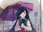  1girl black_hair blush bow bowtie dress hair_over_one_eye hair_ribbon hayashimo_(kantai_collection) holding holding_umbrella kantai_collection lamp long_hair long_sleeves looking_at_viewer open_mouth purple_umbrella rain red_eyes ribbon road school_uniform shirt smile solo street takuzui tree umbrella very_long_hair water_drop white_shirt 