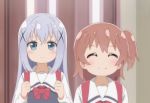  2girls absurdres backpack bag blue_eyes blue_hair blurry blurry_background blush brown_hair commentary crossover gochuumon_wa_usagi_desu_ka? hair_ornament highres hoshino_hinata kafuu_chino long_hair multiple_girls poa_mellhen school_uniform side_ponytail watashi_ni_tenshi_ga_maiorita! x_hair_ornament 