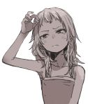 1girl absurdres arm_up bangs bare_arms bare_shoulders blush camisole closed_mouth collarbone copyright_request fingernails head_tilt highres long_hair looking_away looking_up monochrome simple_background sketch solo tears upper_body wavy_mouth white_background yamamoto_souichirou 
