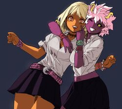  2girls alternate_hair_color alternate_skin_color artist_request ashido_mina black_sclera blonde_hair blush boku_no_hero_academia eyelashes gyaru happy highres horns jewelry looking_at_viewer medium_hair messy_hair multiple_girls pink_hair pink_skin school_uniform shirt short_hair simple_background sketch skirt smile source_request standing tagme uraraka_ochako what_if white_shirt yellow_eyes 