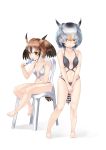  2girls absurdres animal_ears arm_rest bare_arms bare_legs bare_shoulders barefoot bird_tail bird_wings black_hair brown_eyes brown_hair chair collarbone covering_eyes eating eurasian_eagle_owl_(kemono_friends) food food_in_mouth full_body grey_hair hair_over_eyes hand_up head_wings highres holding holding_food kemono_friends multicolored_hair multiple_girls navel northern_white-faced_owl_(kemono_friends) open_mouth owl_ears own_hands_together popsicle short_hair simple_background sitting standing stomach sweat swimsuit tadano_magu tail toes v_arms white_background white_hair wings 