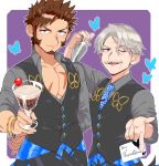  2boys alternate_costume alternate_hairstyle beard blue_butterfly blue_eyes brown_hair bug butterfly chest cocktail_shaker facial_hair fate/grand_order fate_(series) food ice_cream insect james_moriarty_(fate/grand_order) long_sleeves looking_at_viewer male_focus multiple_boys muscle napoleon_bonaparte_(fate/grand_order) necktie pants pectorals scar shitappa simple_background smile uniform 