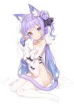  1girl adapted_costume animal_ear_fluff animal_ears azur_lane bangs bare_shoulders black_bow black_ribbon blue_eyes blush bow cat_ears closed_mouth commentary_request detached_sleeves eyebrows_visible_through_hair full_body hair_bun hair_ribbon head_tilt highres kemonomimi_mode leotard long_hair long_sleeves looking_at_viewer mokew no_shoes object_hug one_side_up purple_hair ribbon side_bun simple_background sitting sleeves_past_wrists solo stuffed_alicorn stuffed_animal stuffed_toy thigh-highs unicorn_(azur_lane) very_long_hair wariza white_background white_bow white_legwear white_leotard white_sleeves 