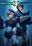  2boys android arm_cannon armor blue_gloves commentary dual_persona gloves great_(cyclops) green_eyes helmet highres male_focus multiple_boys open_mouth robot rockman rockman_x size_difference smile solo weapon white_gloves x_(rockman) 