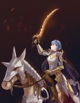  1girl 1other animal armor blue_hair braid cape closed_mouth crown_braid fire_emblem fire_emblem:_three_houses fire_emblem:_three_houses highres holding holding_sword holding_weapon horse horseback_riding human intelligent_systems koei_tecmo mammal marianne_von_edmund nintendo riding signature solo sword tamafries weapon 