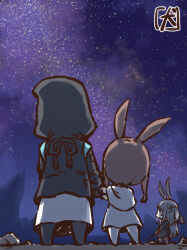 1other 2girls akanotanin13 ambiguous_gender amiya_(arknights) animal_ears arknights black_gloves black_jacket brown_hair deformed doctor_(arknights) dress full_body gloves grey_hair hammer highres holding holding_hammer hood hood_up hooded_jacket jacket long_hair long_sleeves looking_up multiple_girls night night_sky official_alternate_costume outdoors rabbit_ears rabbit_girl savage_(arknights) sky sledgehammer standing star_(sky) starry_sky white_dress 