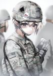  1girl ace ace_of_hearts american_flag backpack bag blonde_hair card gloves helmet holding_photo load_bearing_vest looking_at_viewer looking_to_the_side military military_uniform original photo_(object) playboy playing_card samazuka_mashiro short_hair soldier solo solo_focus spade_(shape) uniform 