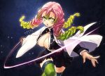  1girl bangs black_skirt blush breasts center_opening commentary_request cowboy_shot gradient_hair green_eyes green_hair green_legwear haori holding holding_sword holding_weapon jacket japanese_clothes kanroji_matsuri katana kimetsu_no_yaiba long_hair long_sleeves mole mole_under_eye multicolored_hair pink_hair sakanahen skirt solo striped striped_legwear sword thigh-highs tri_braids vertical-striped_legwear vertical_stripes weapon white_jacket 